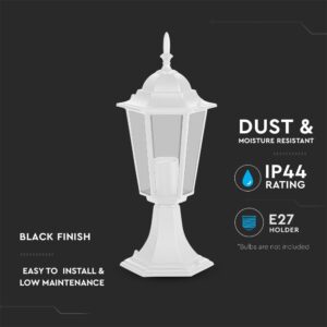 Λευκό φωτιστικό εξωτερικού χώρου, ανθεκτικό σε σκόνη και υγρασία, IP44, υποδοχή E27, εύκολη εγκατάσταση.