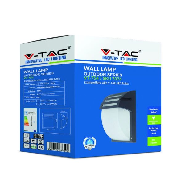 Απλίκα εξωτερικού χώρου V-TAC VT-754, μέγ. ισχύς 60W, IP44, βάση E27, μαύρο ματ φινίρισμα.