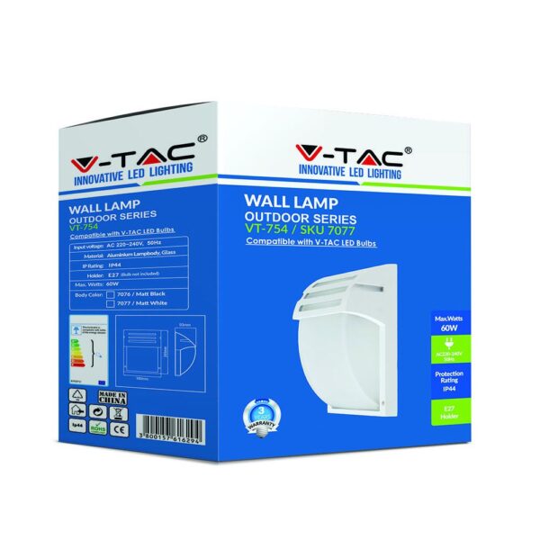 Εξωτερικό φωτιστικό τοίχου V-TAC VT-754 λευκό, αλουμίνιο και γυαλί, IP44, για V-TAC LED λαμπτήρες.