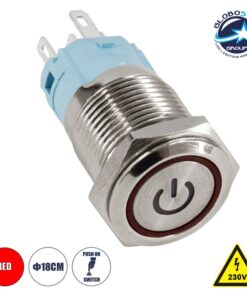 GloboStar® 70776 LED Φωτιζόμενος Διακόπτης Χωνευτός – Μπουτόν PUSH On Ανοξείδωτος AC 220-240V Αδιάβροχο IP67 Φ18mm με Angel Eye Κόκκινο