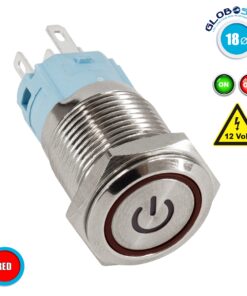 GloboStar® 70781 LED Φωτιζόμενος Διακόπτης Χωνευτός – Μπουτόν On/Off Ανοξείδωτος DC 12V με Angel Eye Κόκκινο Max 5A