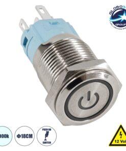 GloboStar® 70785 LED Φωτιζόμενος Διακόπτης Χωνευτός – Μπουτόν PUSH On Ανοξείδωτος DC 12V με Angel Eye Αδιάβροχο Φ18mm IP67 Ψυχρό Λευκό 6000K