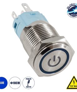 GloboStar® 70788 LED Φωτιζόμενος Διακόπτης Χωνευτός – Μπουτόν PUSH On Ανοξείδωτος DC 12V με Angel Eye Αδιάβροχο Φ18mm IP67 Μπλε
