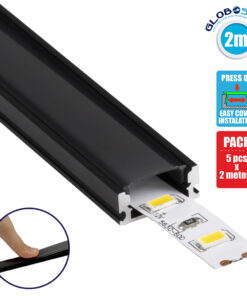 GloboStar® 70806-2M Επιφανειακό Προφίλ Αλουμινίου Μαύρο με Μαύρο Οπάλ Κάλυμμα για 1 Σειρά Ταινίας LED Πατητό – Press On Πακέτο 5 Τεμάχια των 2 Μέτρων