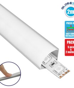 GloboStar® 70815-2m Γωνιακό Προφίλ Αλουμινίου Ανοδιωμένο με Λευκό Οπάλ Κάλυμμα για 1 Σειρά Ταινίας LED Πατητό – Press On Πακέτο 5 Τεμάχια των 2 Μέτρων