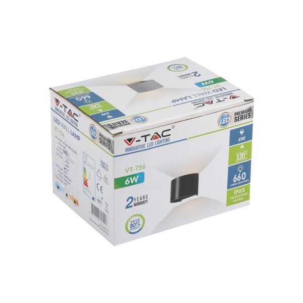 Συσκευασία λάμπας τοίχου LED V-TAC 6W, 600 lumens, IP65, με 2 χρόνια εγγύηση και εξοικονόμηση ενέργειας 80%.