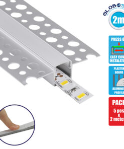 GloboStar® 70838-2M Χωνευτό Γωνιακό για Γυψοσανίδα – Trimless Προφίλ Αλουμινίου Ανοδιωμένο με Λευκό Οπάλ Κάλυμμα για 1 Σειρά Ταινίας LED Πατητό – Press On Πακέτο 5 Τεμάχια των 2 Μέτρων