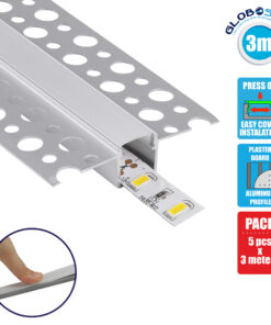 GloboStar® 70838-3M Χωνευτό για Γυψοσανίδα – Trimless Προφίλ Αλουμινίου Ανοδιωμένο με Λευκό Οπάλ Κάλυμμα για 1 Σειρά Ταινίας LED Πατητό – Press On Πακέτο 5 Τεμάχια των 3 Μέτρων