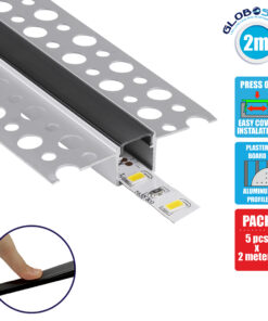 GloboStar® 70839-2M Χωνευτό Γωνιακό για Γυψοσανίδα – Trimless Προφίλ Αλουμινίου Ανοδιωμένο με Μαύρο Οπάλ Κάλυμμα για 1 Σειρά Ταινίας LED Πατητό – Press On Πακέτο 5 Τεμάχια των 2 Μέτρων