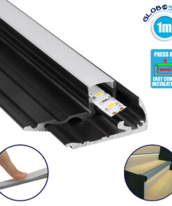 GloboStar® 70841-1M Προφίλ Αλουμινίου για Σκαλοπάτια Μαύρο με Λευκό Οπάλ Κάλυμμα για 1 Σειρά Ταινίας LED Πατητό – Press On 1 Μέτρο