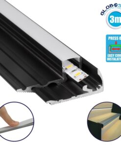 GloboStar® 70841-3M Προφίλ Αλουμινίου για Σκαλοπάτια Μαύρο με Λευκό Οπάλ Κάλυμμα για 1 Σειρά Ταινίας LED Πατητό – Press On 3 Μέτρα