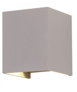 Γκρι μεταλλικό φωτιστικό τοίχου σε κυβικό σχήμα, minimal design για μοντέρνα διακόσμηση εσωτερικών χώρων.