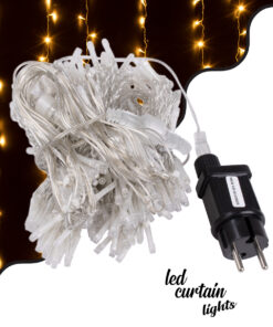 85803 Διακοσμητική Κουρτίνα 3 x 3 Μέτρα με Controller 8 Προγραμμάτων Φωτισμού – Επεκτεινόμενη 300 LED 8W AC 230V με Διάφανο Καλώδιο & Πρίζα Schuko Αδιάβροχη IP67 Θερμό Λευκό 3000K Μ3 x Υ3m