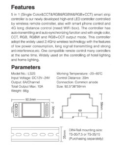 GloboStar® 71415 LS2S Mi-BOXER DC WiFi & RF 2.4Ghz Dimmer High Speed Controller 5 Καναλιών DC 12-24V 5 x 6A 144W – Max 10A 240W – IP20 RGBW+WW – Din Rail Ράγας – Μ9 x Π3.4 x Υ6cm – 5 Years Warranty