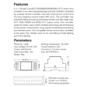 GloboStar® 71415 LS2S Mi-BOXER DC WiFi & RF 2.4Ghz Dimmer High Speed Controller 5 Καναλιών DC 12-24V 5 x 6A 144W – Max 10A 240W – IP20 RGBW+WW – Din Rail Ράγας – Μ9 x Π3.4 x Υ6cm – 5 Years Warranty