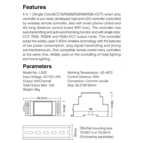 GloboStar® 71415 LS2S Mi-BOXER DC WiFi & RF 2.4Ghz Dimmer High Speed Controller 5 Καναλιών DC 12-24V 5 x 6A 144W – Max 10A 240W – IP20 RGBW+WW – Din Rail Ράγας – Μ9 x Π3.4 x Υ6cm – 5 Years Warranty