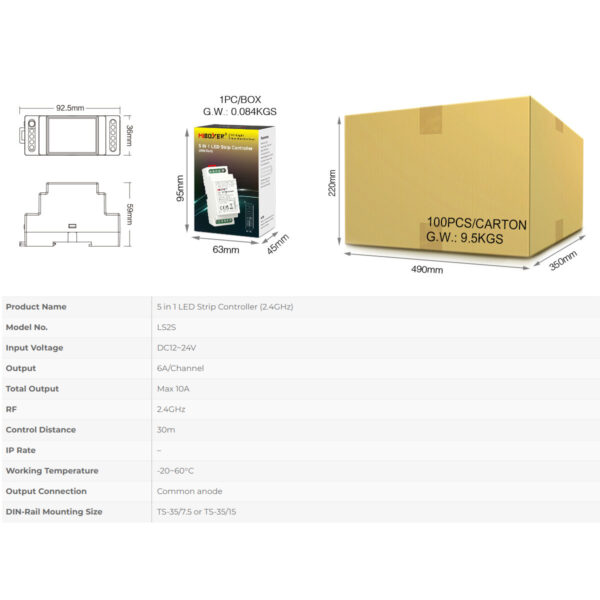 GloboStar® 71415 LS2S Mi-BOXER DC WiFi & RF 2.4Ghz Dimmer High Speed Controller 5 Καναλιών DC 12-24V 5 x 6A 144W – Max 10A 240W – IP20 RGBW+WW – Din Rail Ράγας – Μ9 x Π3.4 x Υ6cm – 5 Years Warranty