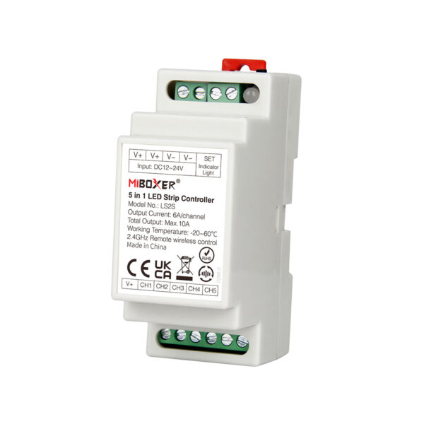 GloboStar® 71415 LS2S Mi-BOXER DC WiFi & RF 2.4Ghz Dimmer High Speed Controller 5 Καναλιών DC 12-24V 5 x 6A 144W – Max 10A 240W – IP20 RGBW+WW – Din Rail Ράγας – Μ9 x Π3.4 x Υ6cm – 5 Years Warranty