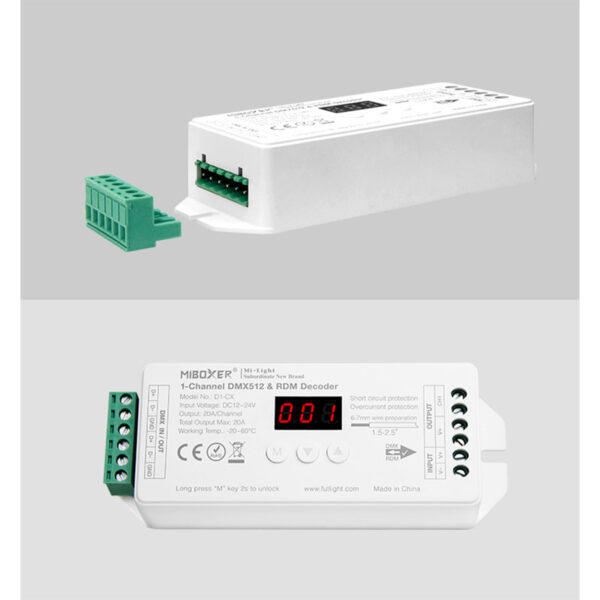 GloboStar® 71424 D1-CX Mi-BOXER DC DMX & RDM Dimmer High Speed Controller / Decoder 1 Καναλιού DC 12-24V 1 x 20A 480W – Max 20A 480W – IP20 Μ13 x Π5 x Υ2.5cm – 5 Years Warranty