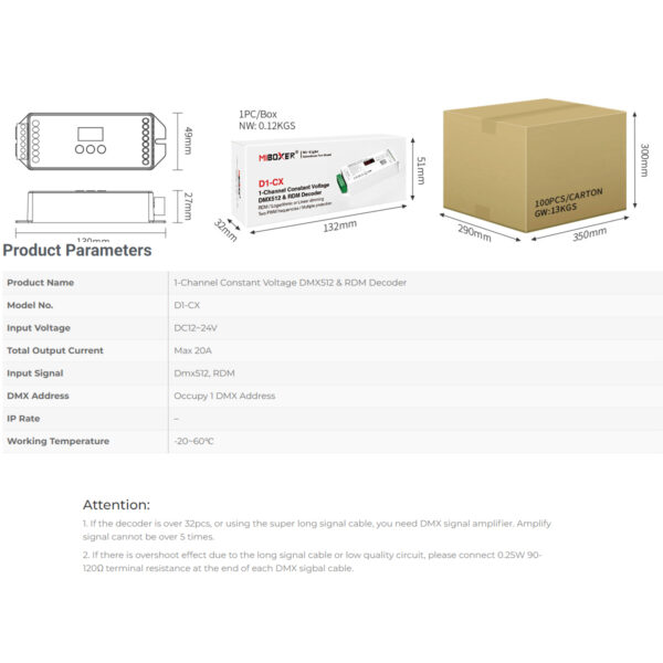 GloboStar® 71424 D1-CX Mi-BOXER DC DMX & RDM Dimmer High Speed Controller / Decoder 1 Καναλιού DC 12-24V 1 x 20A 480W – Max 20A 480W – IP20 Μ13 x Π5 x Υ2.5cm – 5 Years Warranty