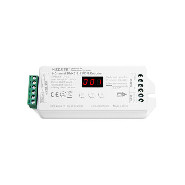 GloboStar® 71424 D1-CX Mi-BOXER DC DMX & RDM Dimmer High Speed Controller / Decoder 1 Καναλιού DC 12-24V 1 x 20A 480W – Max 20A 480W – IP20 Μ13 x Π5 x Υ2.5cm – 5 Years Warranty