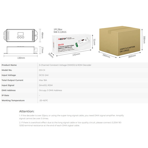 GloboStar® 71425 D3-CX Mi-BOXER DC DMX & RDM Dimmer High Speed Controller / Decoder 3 Καναλιών DC 12-24V 3 x 6A 144W – Max 18A 432W – IP20 Μ13 x Π5 x Υ2.5cm – 5 Years Warranty