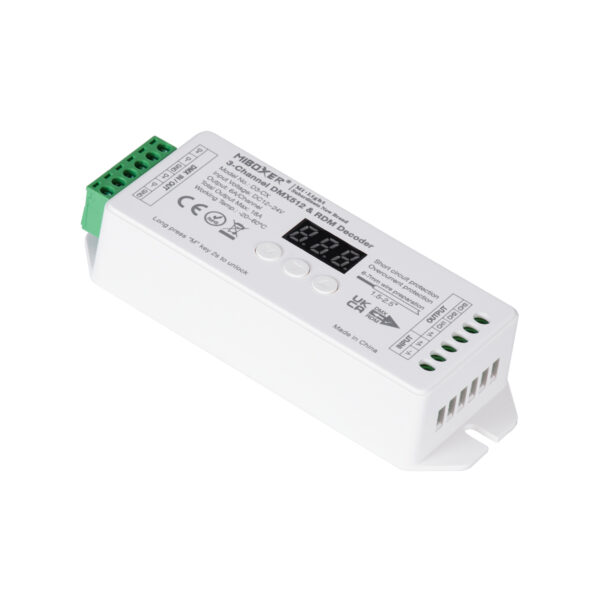 GloboStar® 71425 D3-CX Mi-BOXER DC DMX & RDM Dimmer High Speed Controller / Decoder 3 Καναλιών DC 12-24V 3 x 6A 144W - Max 18A 432W - IP20 Μ13 x Π5 x Υ2.5cm - 5 Years Warranty