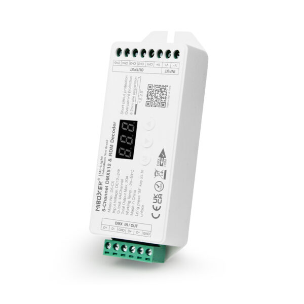 GloboStar® 71426 D5-CX Mi-BOXER DC DMX & RDM Dimmer High Speed Controller / Decoder 5 Καναλιών DC 12-24V 5 x 4A 96W – Max 20A 480W – IP20 Μ13 x Π5 x Υ2.5cm – 5 Years Warranty