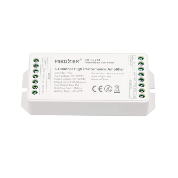 GloboStar® 71429 PA5 Mi-BOXER DC Power & Signal High Speed Amplifier Ενισχυτής Ισχύος & Σήματος Υψηλών Ταχυτήτων 5 Καναλιών DC 12-24V 5 x 6A 144W – Max 15A 360W – IP20 RGBW+WW Μ11.4 x Π4.9 x Υ2.8cm – 5 Years Warranty