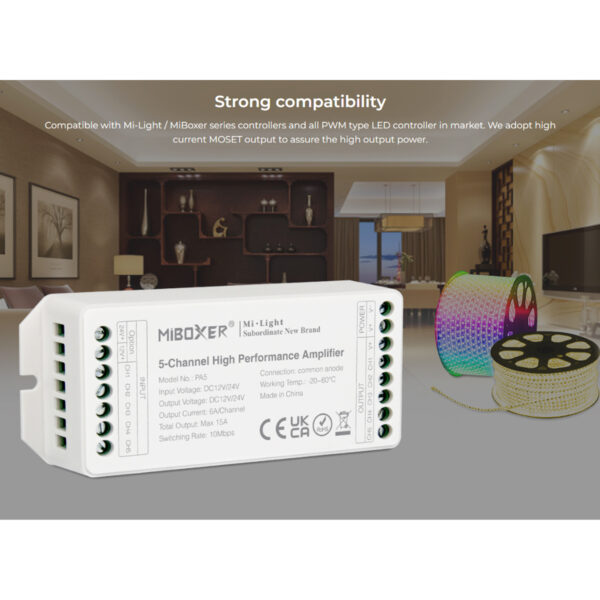 GloboStar® 71429 PA5 Mi-BOXER DC Power & Signal High Speed Amplifier Ενισχυτής Ισχύος & Σήματος Υψηλών Ταχυτήτων 5 Καναλιών DC 12-24V 5 x 6A 144W – Max 15A 360W – IP20 RGBW+WW Μ11.4 x Π4.9 x Υ2.8cm – 5 Years Warranty