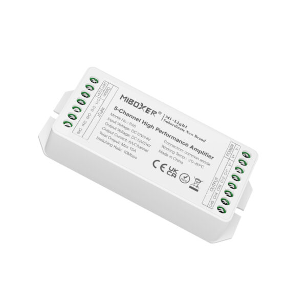 GloboStar® 71429 PA5 Mi-BOXER DC Power & Signal High Speed Amplifier Ενισχυτής Ισχύος & Σήματος Υψηλών Ταχυτήτων 5 Καναλιών DC 12-24V 5 x 6A 144W – Max 15A 360W – IP20 RGBW+WW Μ11.4 x Π4.9 x Υ2.8cm – 5 Years Warranty