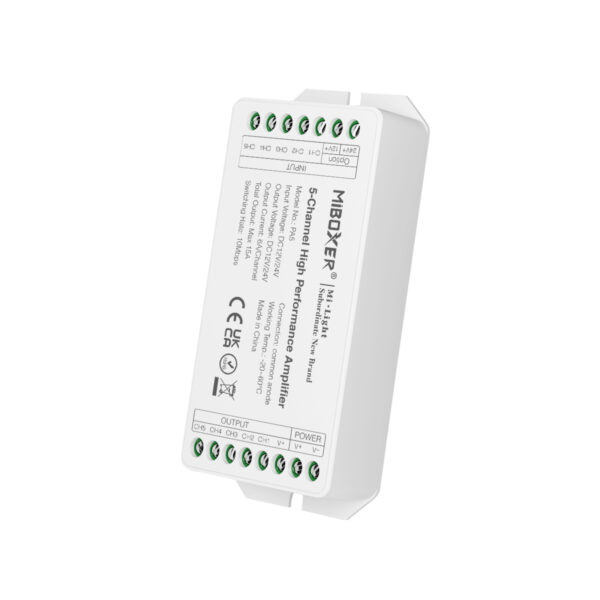 GloboStar® 71429 PA5 Mi-BOXER DC Power & Signal High Speed Amplifier Ενισχυτής Ισχύος & Σήματος Υψηλών Ταχυτήτων 5 Καναλιών DC 12-24V 5 x 6A 144W – Max 15A 360W – IP20 RGBW+WW Μ11.4 x Π4.9 x Υ2.8cm – 5 Years Warranty