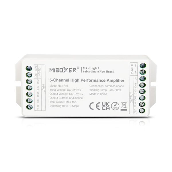 GloboStar® 71429 PA5 Mi-BOXER DC Power & Signal High Speed Amplifier Ενισχυτής Ισχύος & Σήματος Υψηλών Ταχυτήτων 5 Καναλιών DC 12-24V 5 x 6A 144W – Max 15A 360W – IP20 RGBW+WW Μ11.4 x Π4.9 x Υ2.8cm – 5 Years Warranty