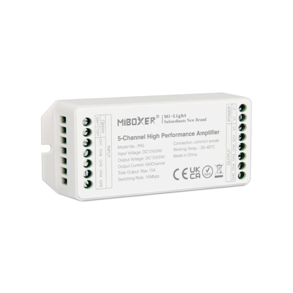 GloboStar® 71429 PA5 Mi-BOXER DC Power & Signal High Speed Amplifier Ενισχυτής Ισχύος & Σήματος Υψηλών Ταχυτήτων 5 Καναλιών DC 12-24V 5 x 6A 144W – Max 15A 360W – IP20 RGBW+WW Μ11.4 x Π4.9 x Υ2.8cm – 5 Years Warranty