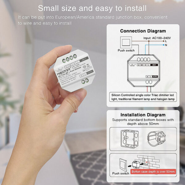 GloboStar® 71432 TRI-C1 Mi-BOXER AC Triac & RF 2.4Ghz & Push Dimmer 1 Καναλιού AC 100-240V 1 x 1.36A 300W – Max 1.36A 300W – IP20 Μ5 x Π5 x Υ2.3cm – 5 Years Warranty