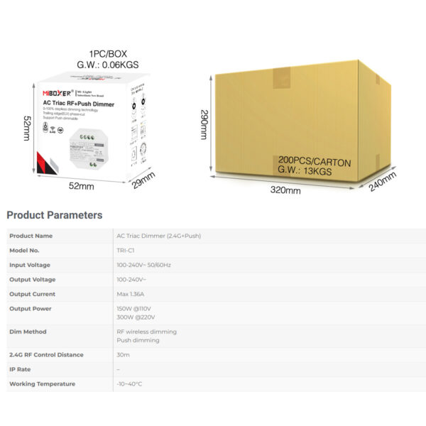 GloboStar® 71432 TRI-C1 Mi-BOXER AC Triac & RF 2.4Ghz & Push Dimmer 1 Καναλιού AC 100-240V 1 x 1.36A 300W – Max 1.36A 300W – IP20 Μ5 x Π5 x Υ2.3cm – 5 Years Warranty
