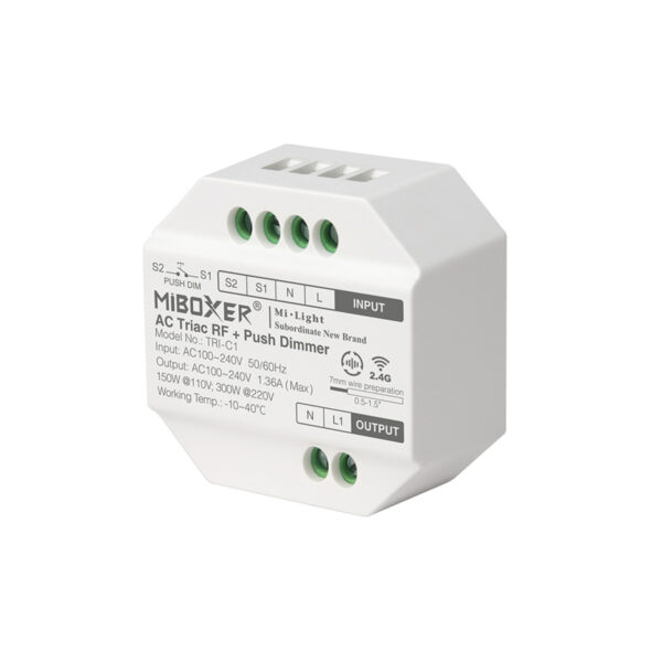 GloboStar® 71432 TRI-C1 Mi-BOXER AC Triac & RF 2.4Ghz & Push Dimmer 1 Καναλιού AC 100-240V 1 x 1.36A 300W – Max 1.36A 300W – IP20 Μ5 x Π5 x Υ2.3cm – 5 Years Warranty