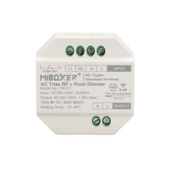 GloboStar® 71432 TRI-C1 Mi-BOXER AC Triac & RF 2.4Ghz & Push Dimmer 1 Καναλιού AC 100-240V 1 x 1.36A 300W – Max 1.36A 300W – IP20 Μ5 x Π5 x Υ2.3cm – 5 Years Warranty