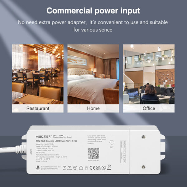GloboStar® 71439 WL3-P75V24 Mi-BOXER DC Smart Wifi & RF 2.4Ghz & Push Dimming Power Supply Τροφοδοτικό SELV & Controller / Dimmer All in One 3 Καναλιών AC100-240V σε DC 24V 3 x 0.6A 14.4W – Max 3A 75W – IP20 RGB Μ19 x Π5.5 x Υ3.2cm – 5 Years Warranty