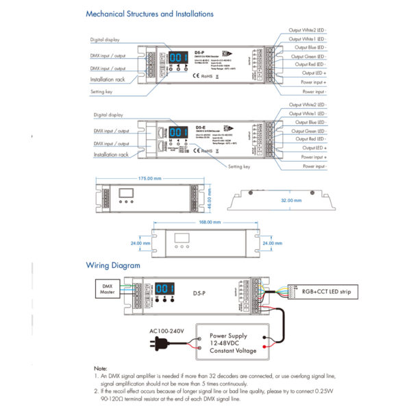 GloboStar® 71445 D5-P SKYDANCE DC DMX & RDM Dimmer High Speed Controller / Decoder 5 Καναλιών DC 12-48V 5 x 4A 192W – Max 20.5A 960W – IP20 Μ17.5 x Π4.5 x Υ3.5cm – 5 Years Warranty