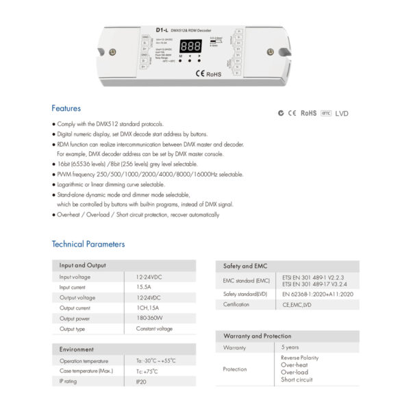 GloboStar® 71446 D1-L SKYDANCE DC DMX & RDM Dimmer High Speed Controller / Decoder 1 Καναλιού DC 12-24V 1 x 15.5A 360W – Max 15.5A 360W – IP20 Μ17 x Π5 x Υ2.5cm – 5 Years Warranty