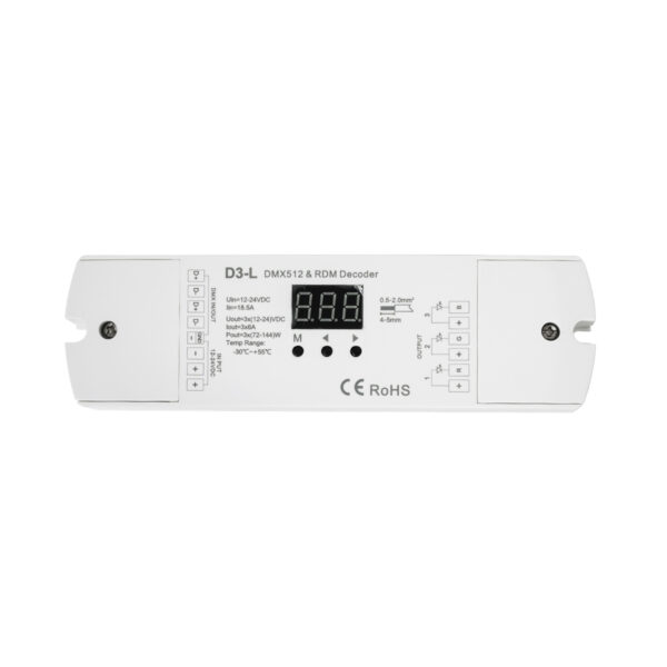 GloboStar® 71447 D3-L SKYDANCE DC DMX & RDM Dimmer High Speed Controller / Decoder 3 Καναλιών DC 12-24V 3 x 6A 144W – Max 18.5A 432W – IP20 Μ17 x Π5 x Υ2.5cm – 5 Years Warranty