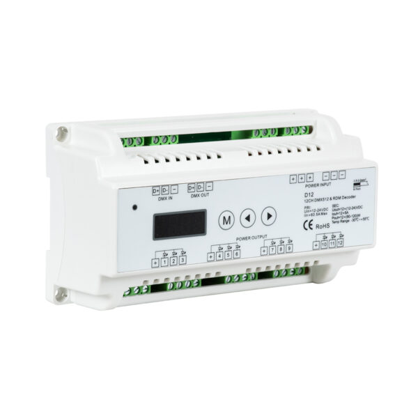 GloboStar® 71449 D12 SKYDANCE DC DMX & RDM Dimmer Din Rail Ράγας High Speed Controller / Decoder / Master 12 Καναλιών DC 12-24V 12 x 5A 120W – Max 60.5A 1440W – IP20 Μ15.5 x Π9 x Υ6cm – 5 Years Warranty