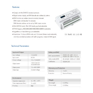 GloboStar® 71449 D12 SKYDANCE DC DMX & RDM Dimmer Din Rail Ράγας High Speed Controller / Decoder / Master 12 Καναλιών DC 12-24V 12 x 5A 120W – Max 60.5A 1440W – IP20 Μ15.5 x Π9 x Υ6cm – 5 Years Warranty