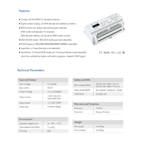 GloboStar® 71449 D12 SKYDANCE DC DMX & RDM Dimmer Din Rail Ράγας High Speed Controller / Decoder / Master 12 Καναλιών DC 12-24V 12 x 5A 120W – Max 60.5A 1440W – IP20 Μ15.5 x Π9 x Υ6cm – 5 Years Warranty