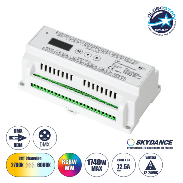 GloboStar® 71450 D24 SKYDANCE DC DMX & RDM Dimmer Din Rail Ράγας High Speed Controller / Decoder 24 Καναλιών AC 12-24V 24 x 3A 72W - Max 72.5A 1740W - IP20 Μ16 x Π9 x Υ6cm - 5 Years Warranty