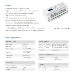 GloboStar® 71450 D24 SKYDANCE DC DMX & RDM Dimmer Din Rail Ράγας High Speed Controller / Decoder 24 Καναλιών AC 12-24V 24 x 3A 72W – Max 72.5A 1740W – IP20 Μ16 x Π9 x Υ6cm – 5 Years Warranty
