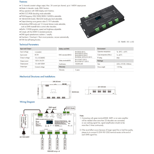GloboStar® 71451 D12A SKYDANCE DC DMX & RDM Dimmer High Speed Controller / Decoder / Master 12 Καναλιών DC 12-24V 12 x 5A 120W – Max 60.5A 1440W – IP20 Μ25 x Π11.5 x Υ4cm – 5 Years Warranty