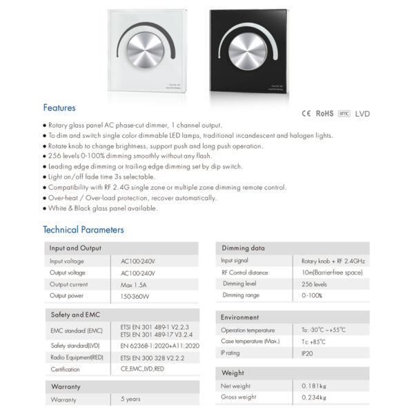 GloboStar® 71454 S1-K SKYDANCE AC Smart RF 2.4Ghz & Ροοστάτη – Push ON/OFF Triac Dimming AC100-240V σε AC100-240V 1 x 1.5A 360W – Max 1.5A 360W – IP20 – Λευκό Σώμα – Μ8.5 x Π8.5 x Υ5cm – 5 Years Warranty