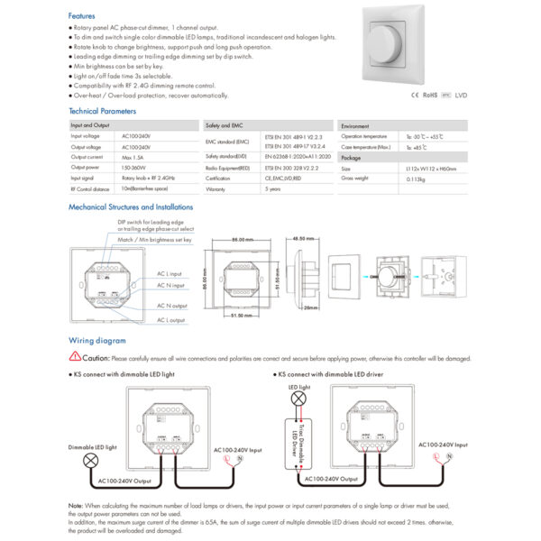 GloboStar® 71456 KS SKYDANCE AC Smart RF 2.4Ghz & Ροοστάτη Triac Dimming AC100-240V σε AC100-240V 1 x 1.5A 360W – Max 1.5A 360W – IP20 – Λευκό Σώμα – Μ8.5 x Π8.5 x Υ5.2cm – 5 Years Warranty